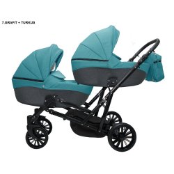 7 Бирюзовый лен Серый лен - Детская коляска для двойни RAY Ultra Duo 3 в 1